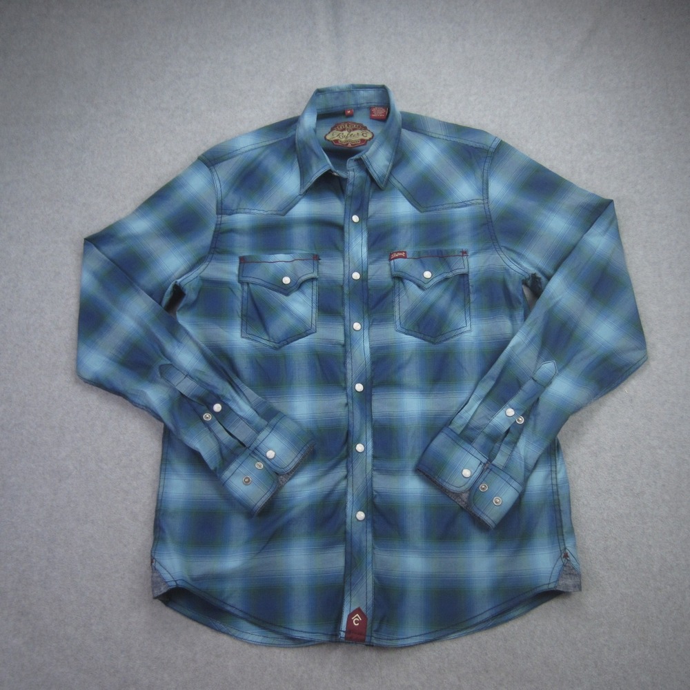 Rafter C‎ Shirt Mens Medium Blue Plaid Western Pearl Snap Stretch Red Dirt